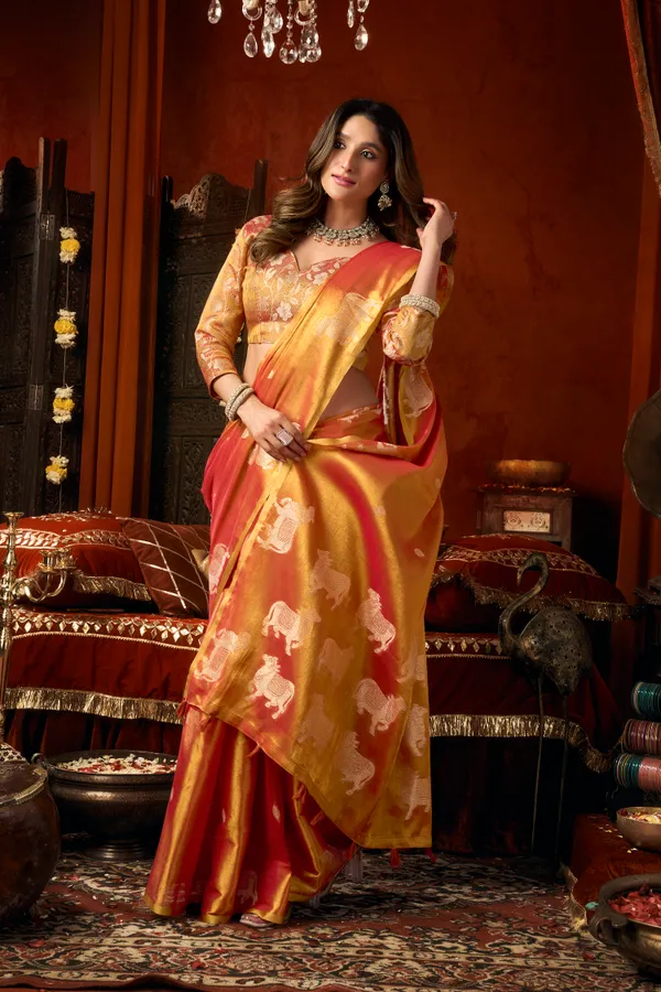 Orange_Heavy_Tissue_Allover_Cow_Butta_Saree_For_Women