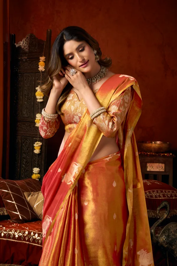 Orange_Heavy_Tissue_Allover_Cow_Butta_Saree_For_Women