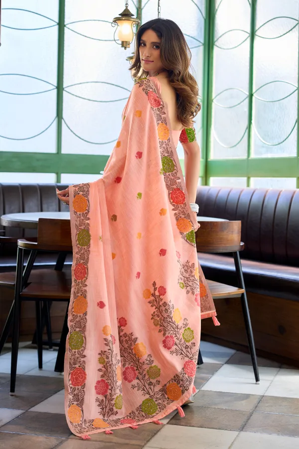 Pink_Linen_Jacquard_Handloom_Tassel_Saree_For_Women