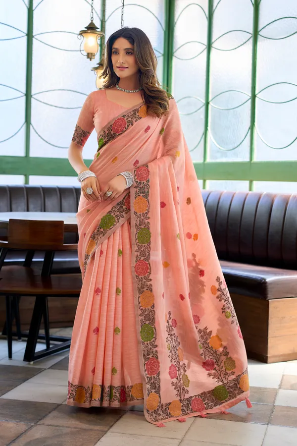 Pink_Linen_Jacquard_Handloom_Tassel_Saree_For_Women