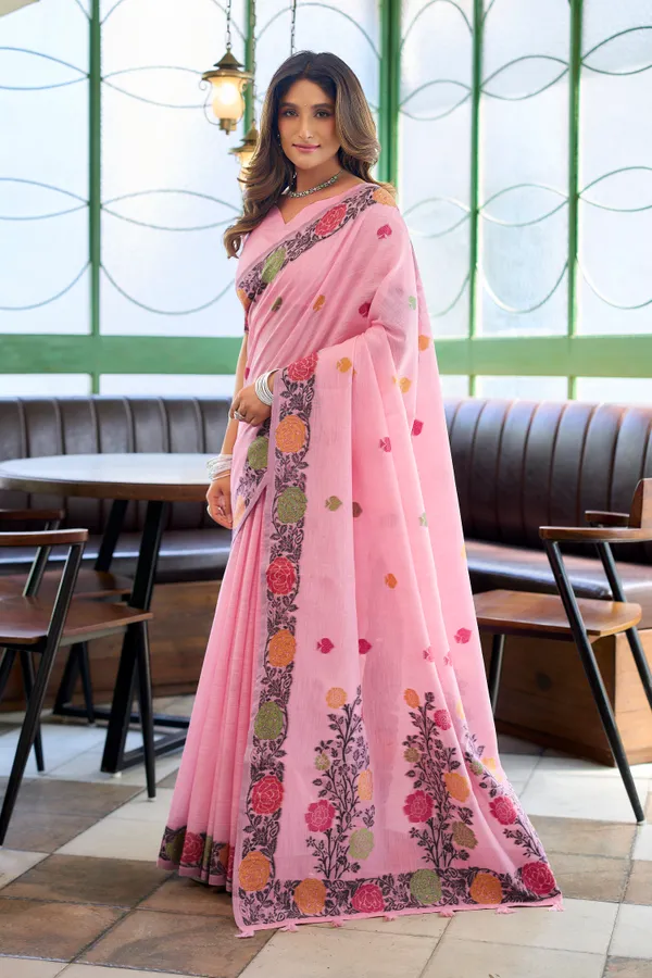 Pink_Linen_Jacquard_Handloom_Fancy_Tassels_Saree_For_Women