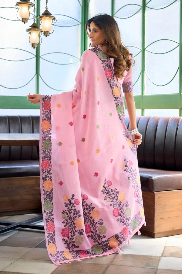 Pink_Linen_Jacquard_Handloom_Fancy_Tassels_Saree_For_Women