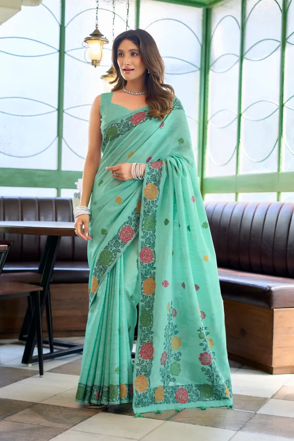 Green_Linen_Jacquard_Handloom_Saree_With_Fancy_Tassels_For_Women