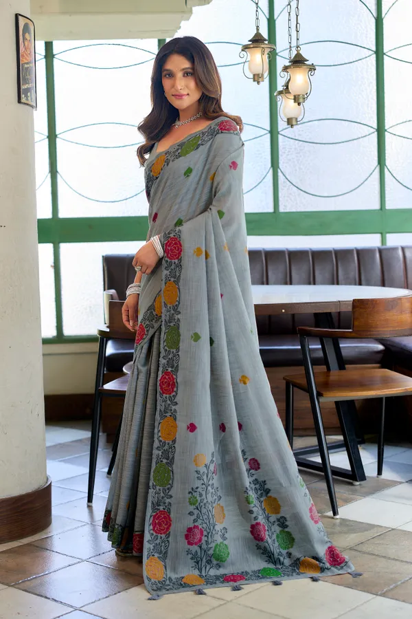 Grey_Linen_Jacquard_Handloom_Tassel_Saree_For_Women