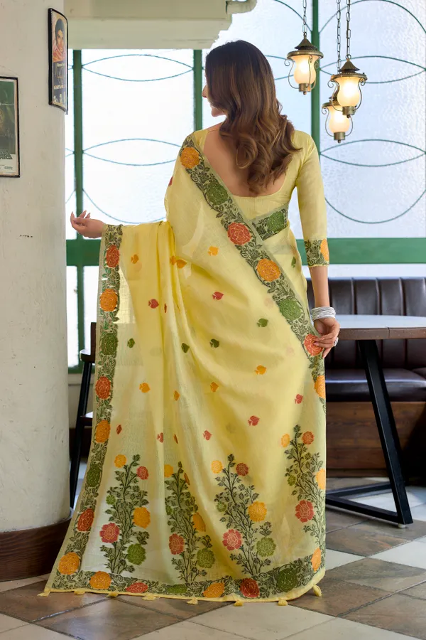 Yellow_Linen_Jacquard_Handloom_Fancy_Tassels_Saree_For_Women