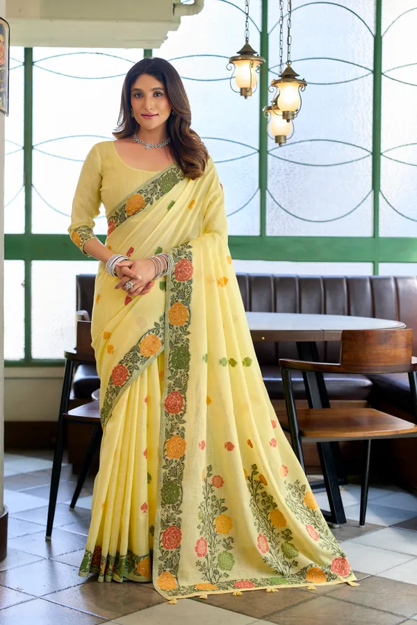 Yellow_Linen_Jacquard_Handloom_Fancy_Tassels_Saree_For_Women