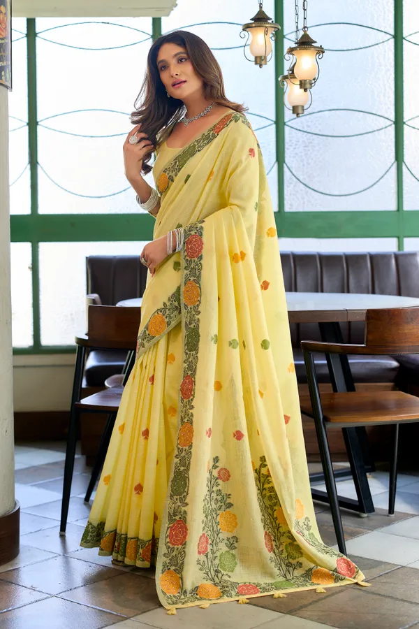 Yellow_Linen_Jacquard_Handloom_Fancy_Tassels_Saree_For_Women