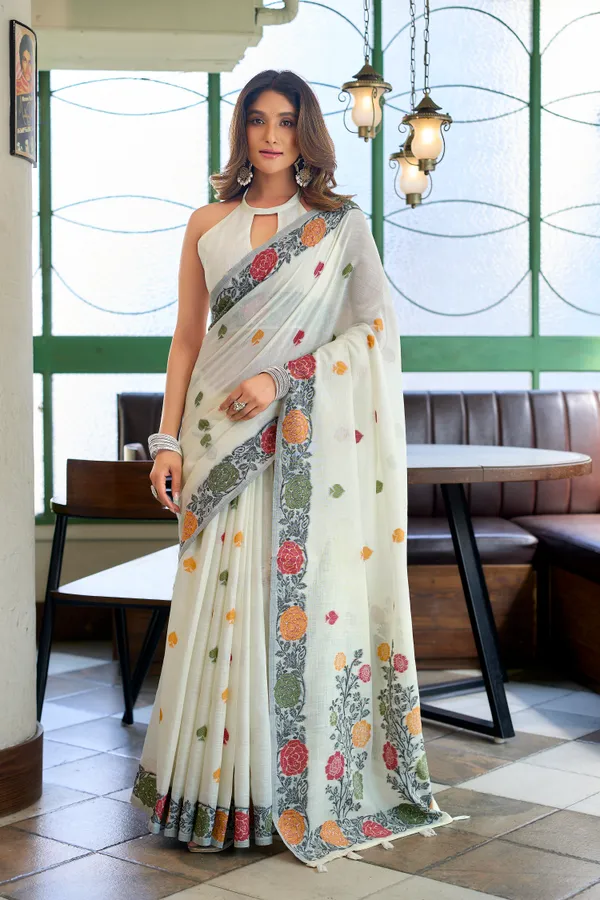 White_Linen_Jacquard_Handloom_Tassel_Saree_For_Women