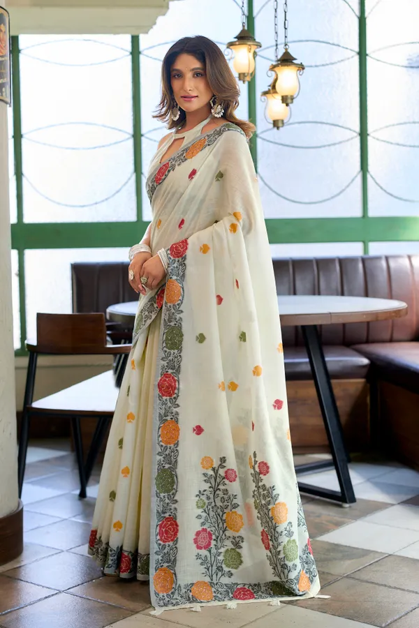 White_Linen_Jacquard_Handloom_Tassel_Saree_For_Women