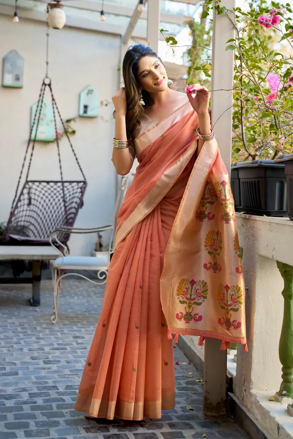Orange_Cotton_Jacquard_Paithani_Pallu_Zari_Tassels_Saree_For_Women