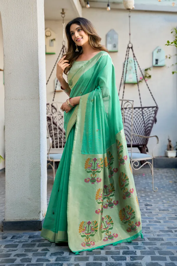 Green_Cotton_Jacquard_Paithani_Pallu_Zari_Tassel_Saree_For_Women