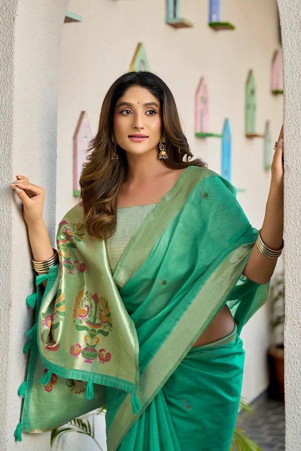 Green_Cotton_Jacquard_Paithani_Pallu_Zari_Tassel_Saree_For_Women