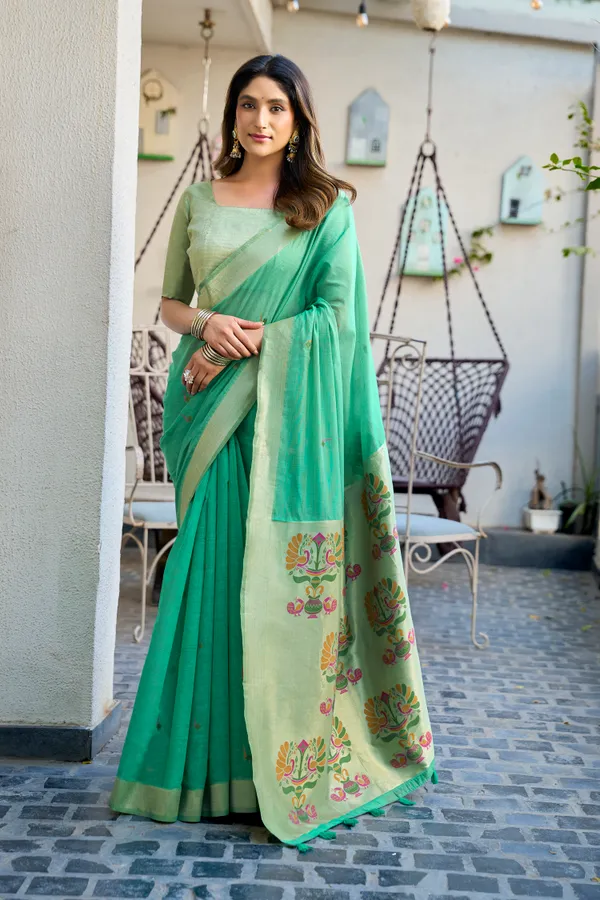 Green_Cotton_Jacquard_Paithani_Pallu_Zari_Tassel_Saree_For_Women