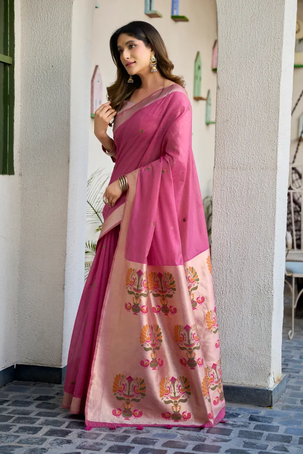Pink_Cotton_Jacquard_Paithani_Pallu_Zari_Tassel_Saree_For_Women