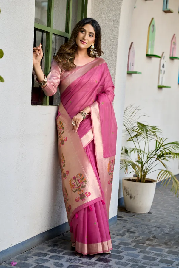 Pink_Cotton_Jacquard_Paithani_Pallu_Zari_Tassel_Saree_For_Women