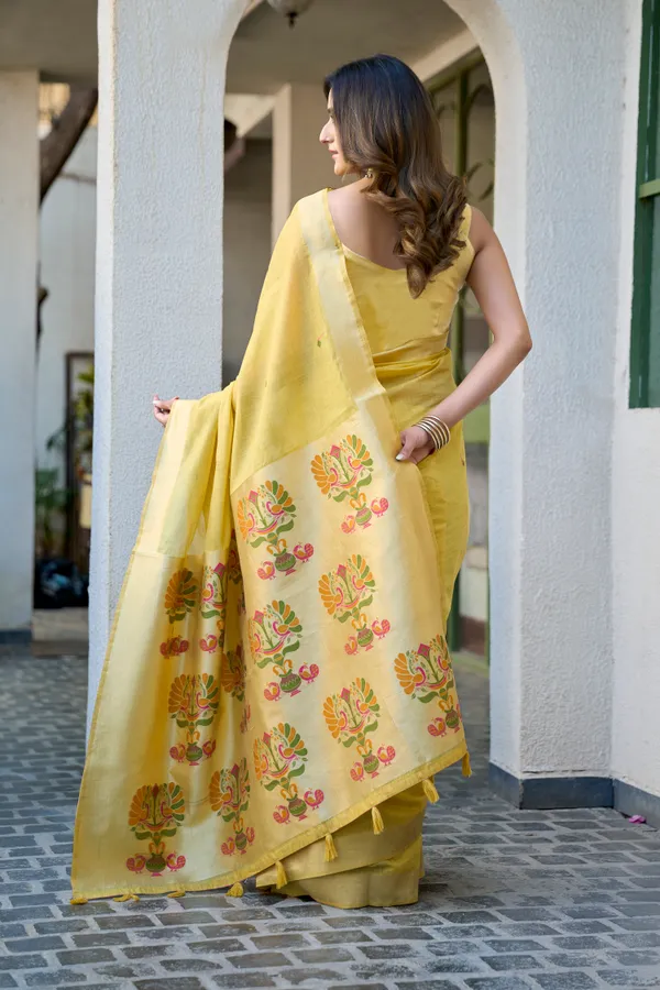 Yellow_Cotton_Jacquard_Paithani_Pallu_Zari_Tassel_Saree_For_Women