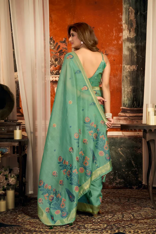 Green_Pure_Cotton_Zari_Border_Tassel_Saree_For_Women