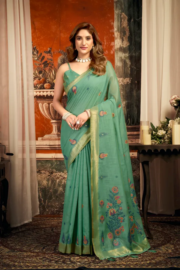 Green_Pure_Cotton_Zari_Border_Tassel_Saree_For_Women