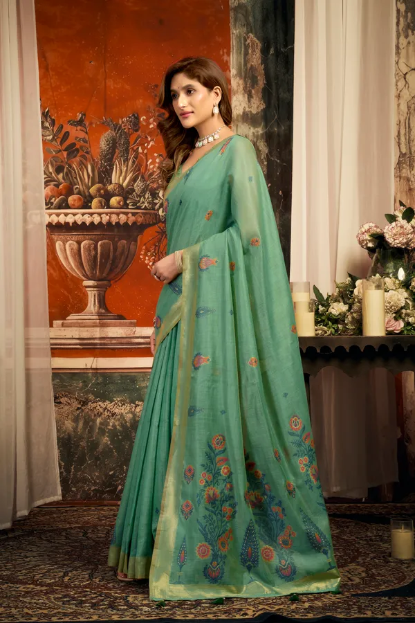 Green_Pure_Cotton_Zari_Border_Tassel_Saree_For_Women