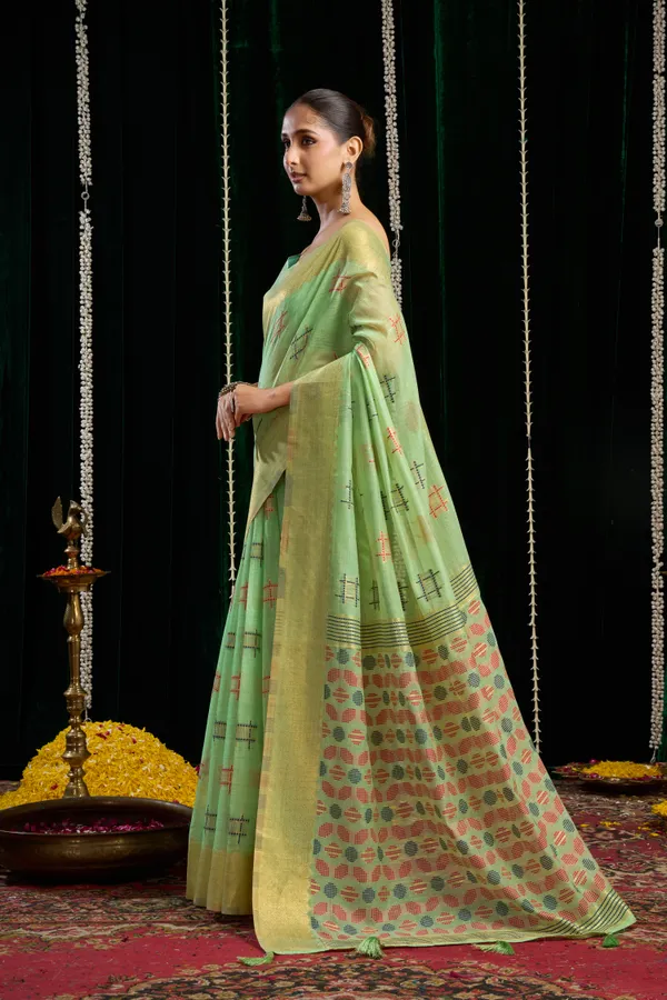 Green_Spun_Cotton_Zari_Border_Zhallar_Saree_For_Women