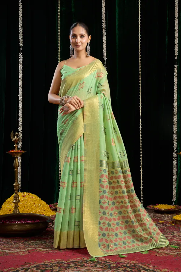 Green_Spun_Cotton_Zari_Border_Zhallar_Saree_For_Women