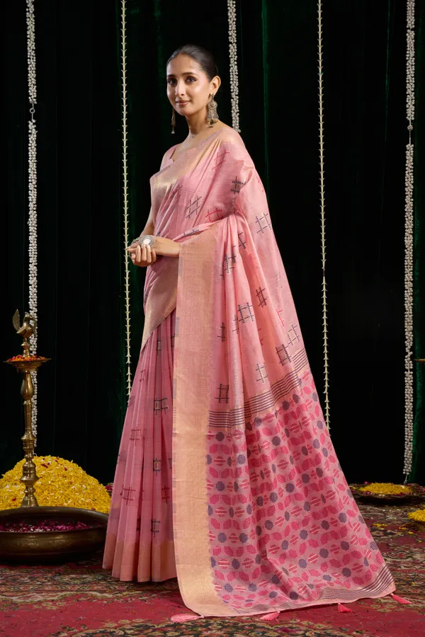 Pink_Spun_Cotton_Zari_Border_Zhallar_Saree_For_Women