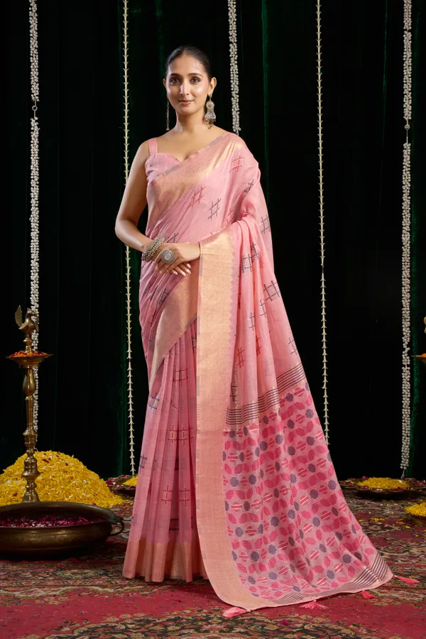 Pink_Spun_Cotton_Zari_Border_Zhallar_Saree_For_Women