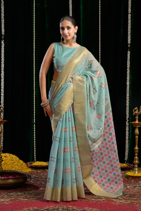 Multi_Spun_Cotton_Zari_Border_Zhallar_Saree_For_Women