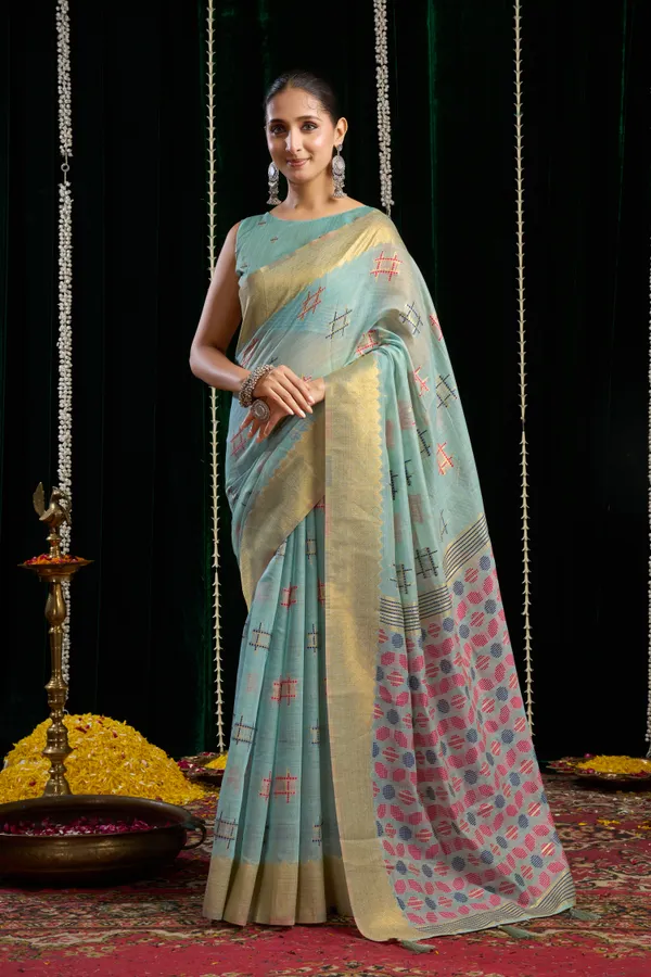 Multi_Spun_Cotton_Zari_Border_Zhallar_Saree_For_Women