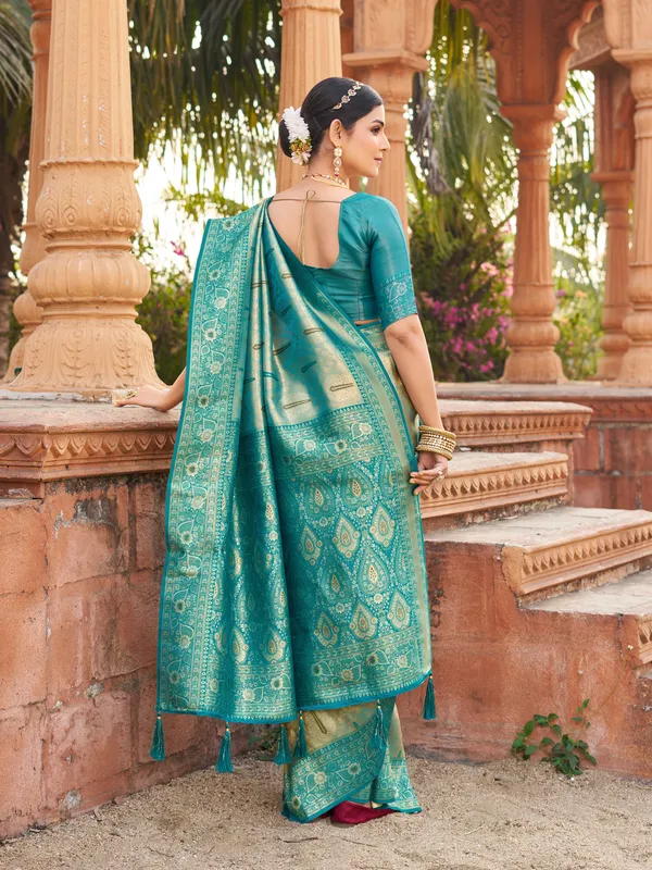 Teal_Soft_Banarasi_Silk_Zhallar_Saree_For_Women