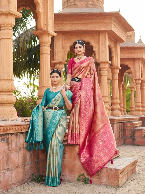 Teal_Soft_Banarasi_Silk_Zhallar_Saree_For_Women