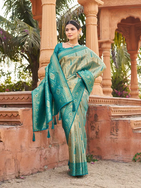 Teal_Soft_Banarasi_Silk_Zhallar_Saree_For_Women