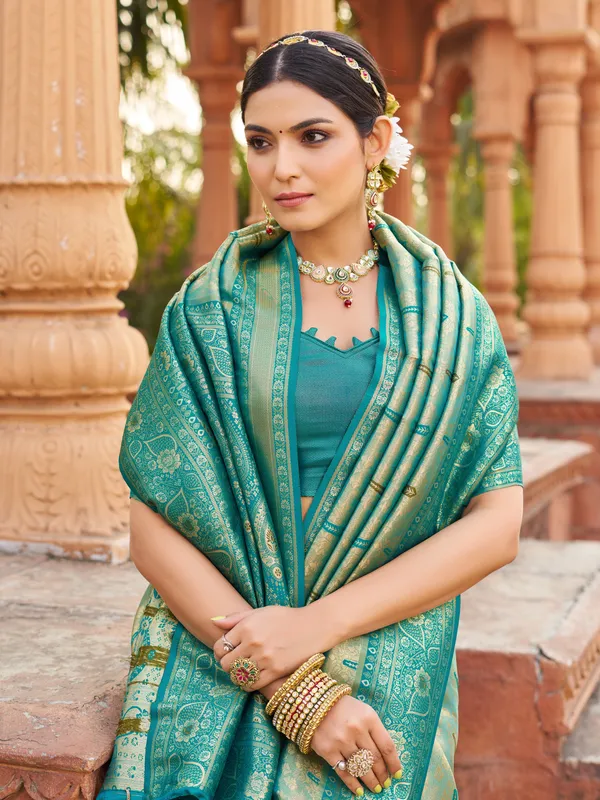 Teal_Soft_Banarasi_Silk_Zhallar_Saree_For_Women