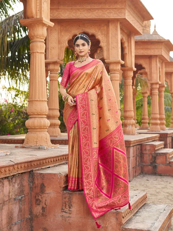 Pink_Soft_Banarasi_Silk_Zhallar_Saree_For_Women
