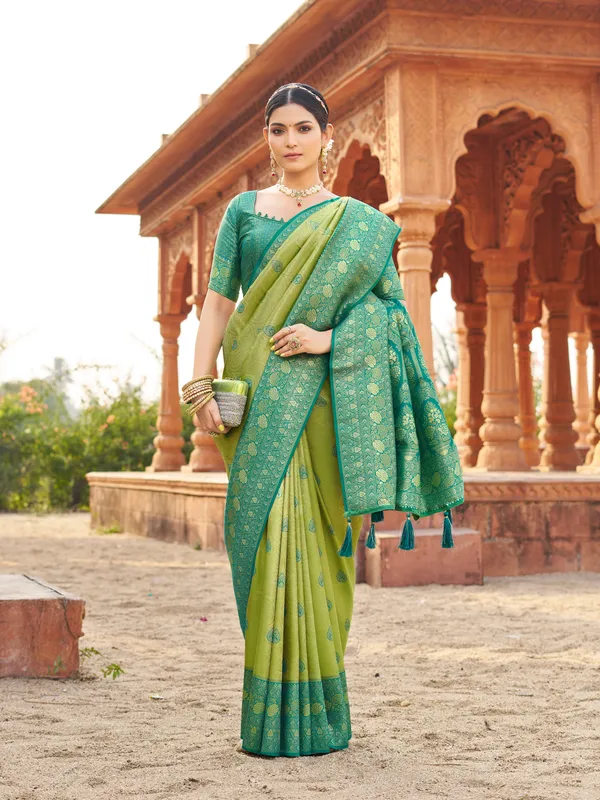 Green_Soft_Banarasi_Silk_Saree_With_Zhallar_For_Women