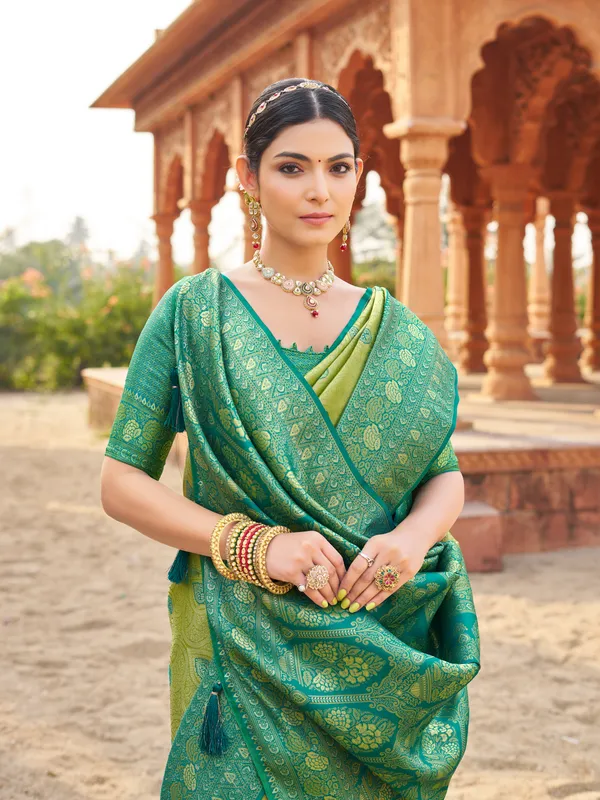 Green_Soft_Banarasi_Silk_Saree_With_Zhallar_For_Women
