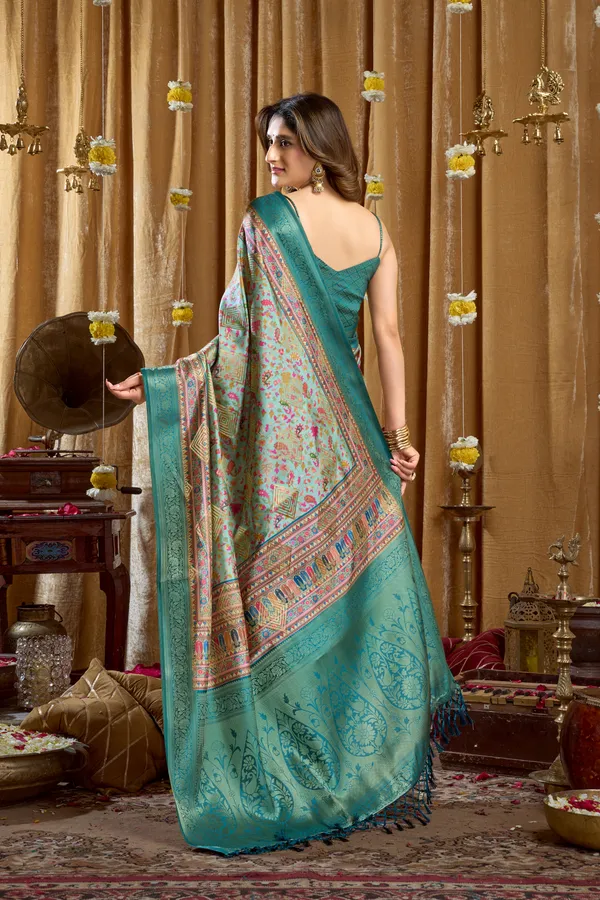 Multi_Digital_Cluster_Print_Banarasi_Border_Tassel_Saree_For_Women