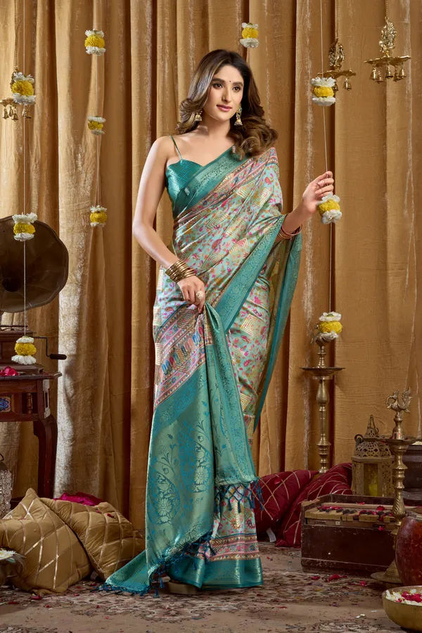 Multi_Digital_Cluster_Print_Banarasi_Border_Tassel_Saree_For_Women