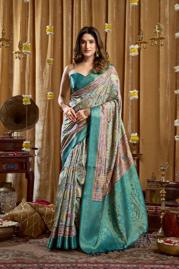 Multi_Digital_Cluster_Print_Banarasi_Border_Tassel_Saree_For_Women