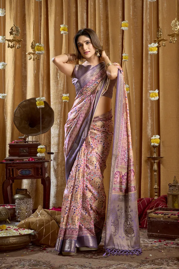 Multicolor_Digital_Cluster_Print_Saree_With_Banarasi_Border_And_Tassels_For_Women