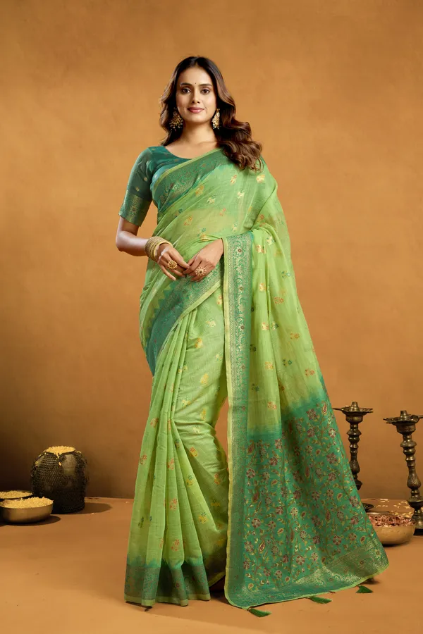 Green_Spun_Cotton_Zari_Jhallar_Rich_Pallu_Saree_For_Women