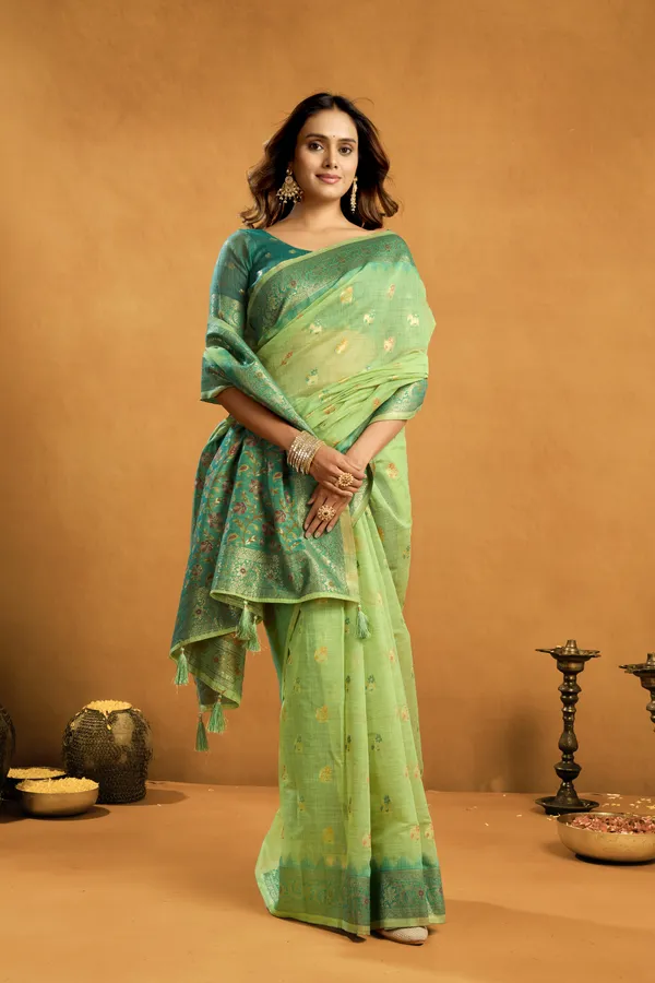 Green_Spun_Cotton_Zari_Jhallar_Rich_Pallu_Saree_For_Women