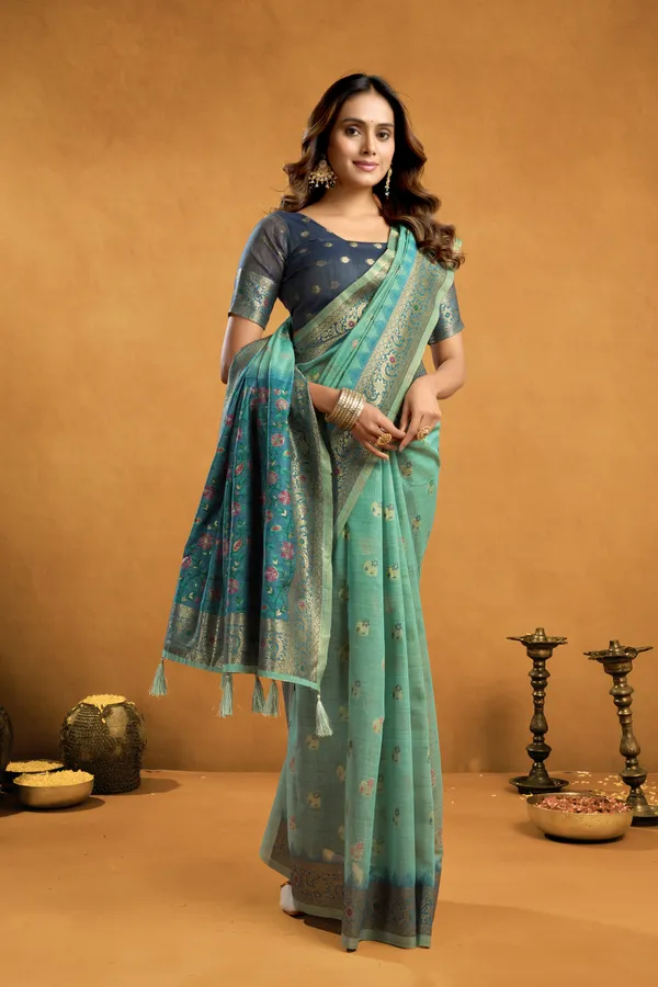 Teal_Spun_Cotton_Zari_Jhallar_Rich_Pallu_Saree_For_Women