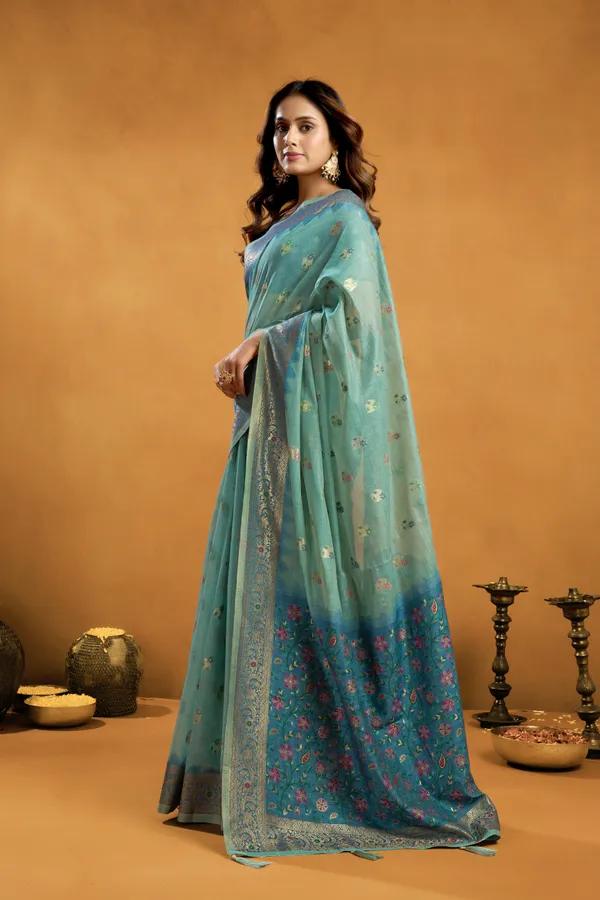 Teal_Spun_Cotton_Zari_Jhallar_Rich_Pallu_Saree_For_Women