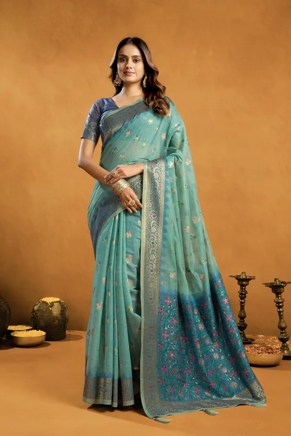 Teal_Spun_Cotton_Zari_Jhallar_Rich_Pallu_Saree_For_Women