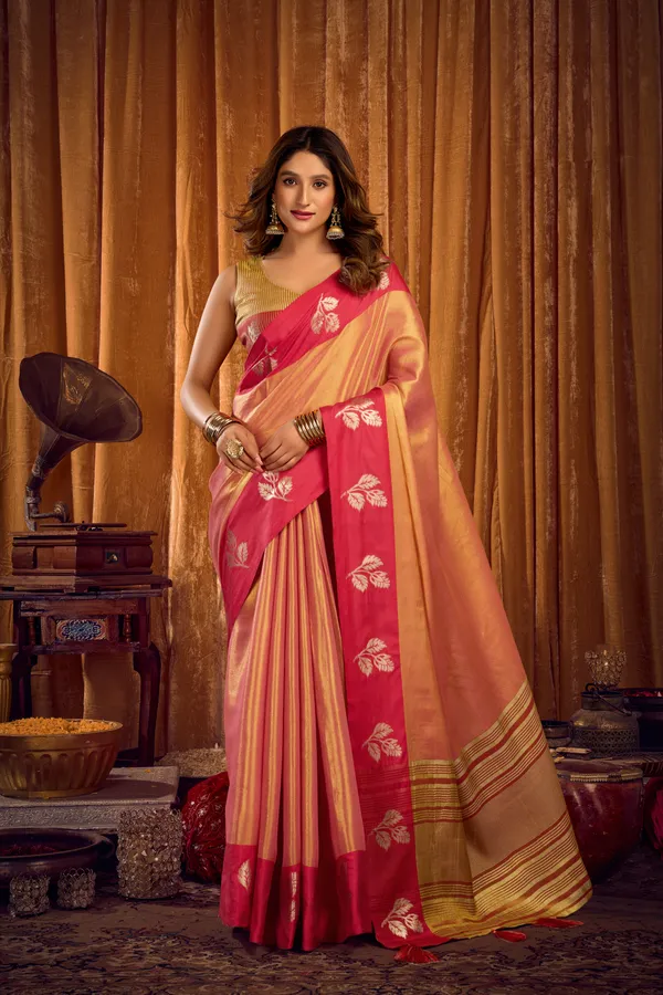 Red_Soft_Tissue_Contrast_Border_Zhallar_Saree_For_Women