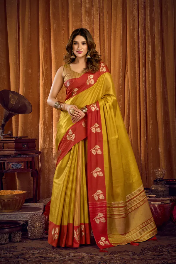 Yellow_Soft_Tissue_Contrast_Border_Zhallar_Saree_For_Women