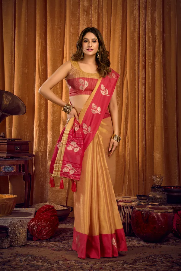 Orange_Soft_Tissue_Contrast_Border_Zhallar_Saree_For_Women