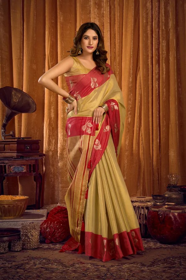 Yellow_And_Red_Soft_Tissue_Contrast_Border_Zhallar_Saree_For_Women