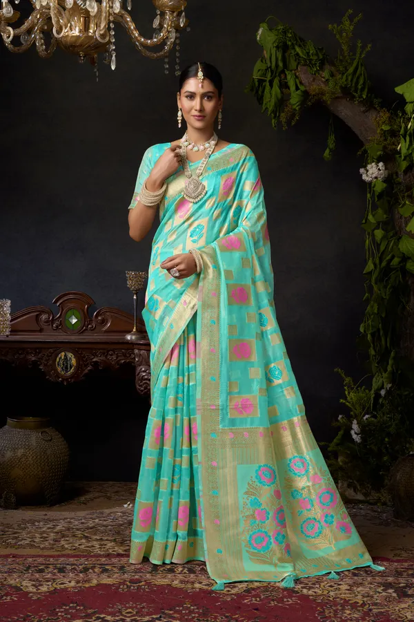 Teal_Organza_Khadi_Zhallar_Saree_For_Women